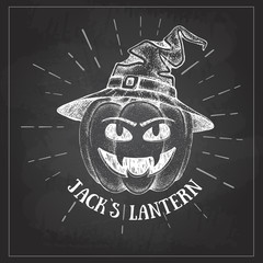 Halloween chalk drawing pumpkin Jack Lantern vector illustration. Hipster style