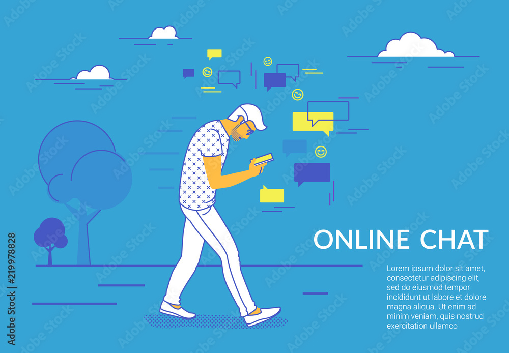 Poster man walking in park using smartphone to send messages in social media. flat vector illustration for 