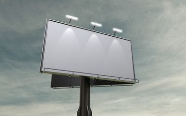 3D rendering of blank billboard (empty advertisement) with clouds. Empty mockup template