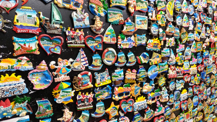 Many souvenir magnets from Bulgaria. A gift for memory, a souvenir