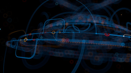 3d render abstract background. Detailed lines in 3d space with depth of field. Repeatable design elements with arcs, dots and connected segments...