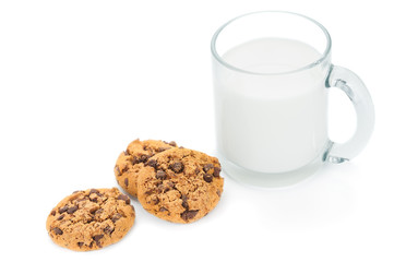 Chocolate cookies and cup of milk on white background