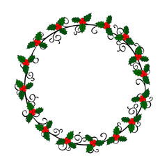 Christmas wreath frame with holly plant and decor elements. Wreath as design element, print, connected with winter holidays. Decor for invitations, greeting cards, posters, sales. Vector.