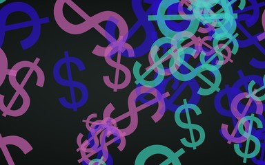 Multicolored translucent dollar signs on dark background. Green tones. 3D illustration