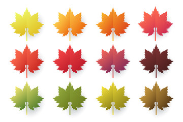 Colorful autumn leaves set isolated on white background. Paper cut 3d flat style, vector illustration