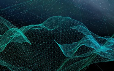 Abstract landscape on a dark background. Star horizon. Cyberspace grid. Hi-tech network. Outer space. Starry outer space texture. 3D illustration