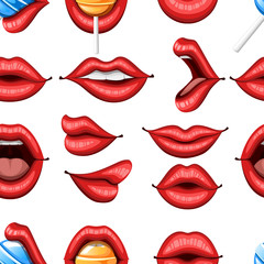 Seamless pattern. Collection of sexy red lips. Biting, kiss, smile, open and close. Lips with lollipop. Colorful icon. Flat vector illustration on white background