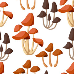 Seamless pattern. Honey fungus. Edible forest mushrooms with brown caps and long stalks. Armillaria mellea flat style. Vector illustration on white background