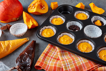 making pumpkin chocolate muffins, close up