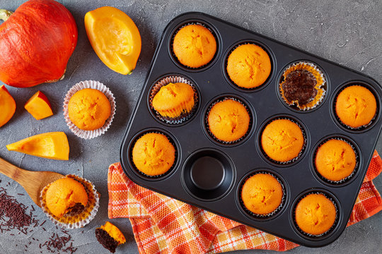 close-up of tasty pumpkin chocolate muffins