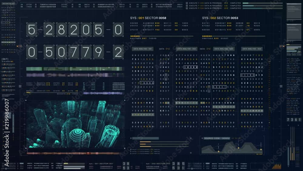 Aufkleber Abstract running numbers code hacking source code and map digital data holographic city buildings and information technology animation for head up display and user interface background