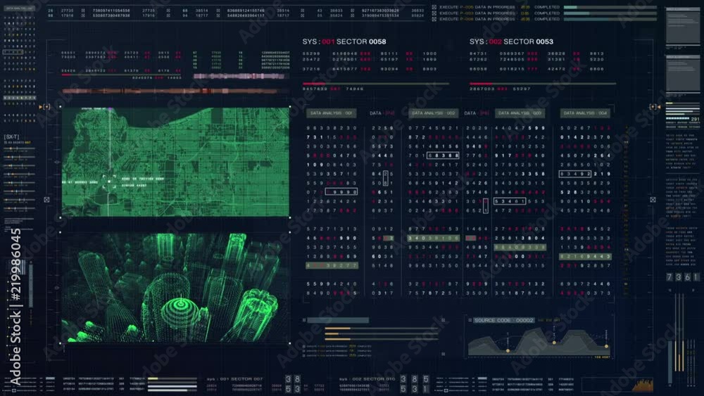 Aufkleber Abstract running numbers code hacking source code and map digital data holographic city buildings and information technology animation for head up display and user interface background
