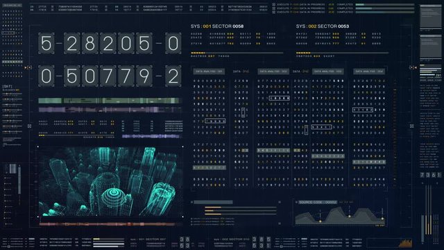 Abstract running numbers code hacking source code and map digital data holographic city buildings and information technology animation for head up display and user interface background