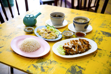 Fried chicken and Boiled chicken, Bitter soup with rice delicious breakfast prepared on the table to eat