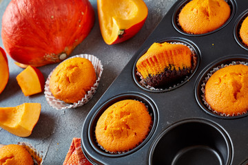 close-up of tasty pumpkin chocolate muffins