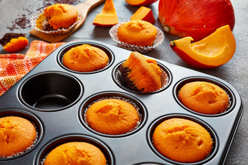 sweet brownie pumpkin muffins, top view