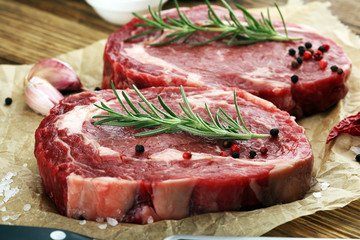 Fototapeta premium Steak raw. Barbecue Rib Eye Steak, dry Aged Wagyu Entrecote Steak.