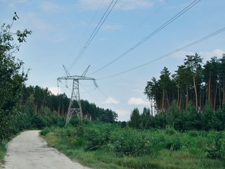 Obraz premium Polonne / Ukraine - 21 August 2018: high-voltage tower in a pine forest