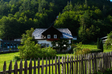 Village house on the background of green grass and trees with a fence in the foreground