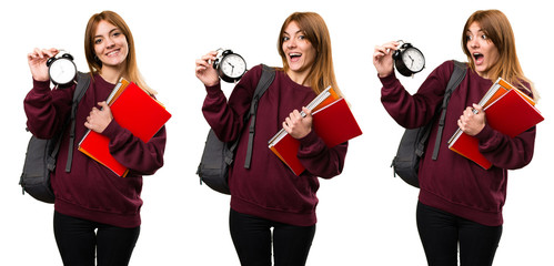 Set of Student woman holding vintage clock