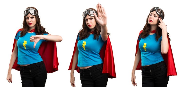 Set of Pretty superhero girl making stop sign © luismolinero