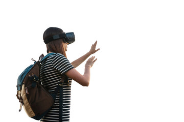 Girl with a backpack in virtual glasses is isolated on white background. Virtual travel with the help of new technologies.
