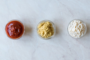 Set of Three Classic Sauce Ketchup, Mayonnaise and Mustard in Small Glass Bowls