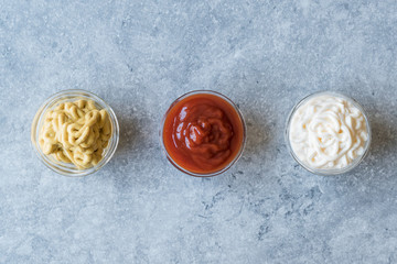 Set of Three Classic Sauce Ketchup, Mayonnaise and Mustard in Small Glass Bowls