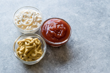 Set of Three Classic Sauce Ketchup, Mayonnaise and Mustard in Small Glass Bowls