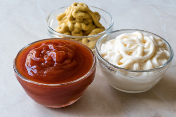 Set of Three Classic Sauce Ketchup, Mayonnaise and Mustard in Small Glass Bowls