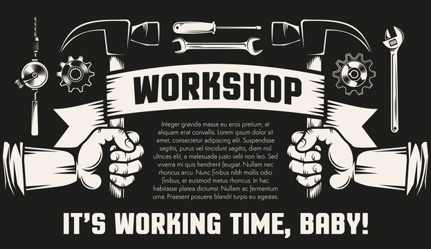Repair workshop with hands and working tools - hammers,  spanner,  screwdriver. Black background, retro style.