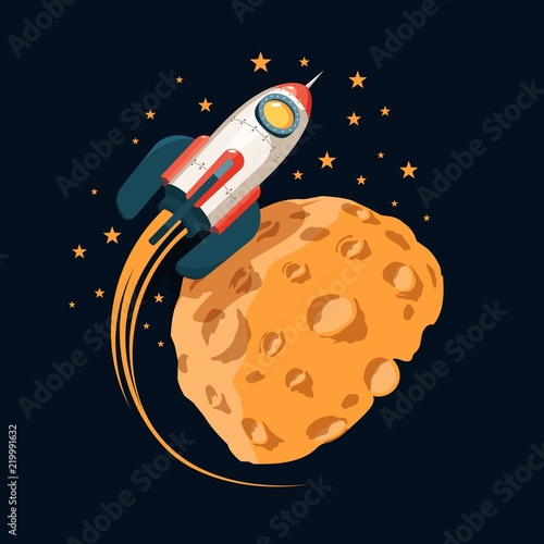 Rocket In Space Orbits Planet Like The Moon Color Cartoon