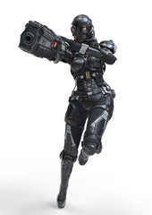 Science fiction cyborg female jumping and shooting with gun. Cyborg girl with big gun in one hand. Young Girl in a futuristic black armor suit with a helmet. Shooter. 3D rendering on white background. © roman3d