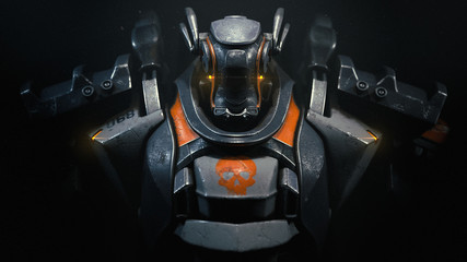 Sci-fi mech soldier on a black background. Military futuristic robot warrior with white and gray color metal. Scratched metal armor robot. Big robot mech with orange paint. Front view. 3D rendering.