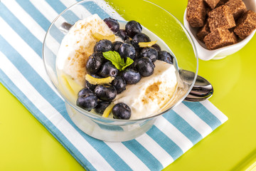 Appetizing fresh blueberries with plain yogurt and sugar. On green and blue background.
