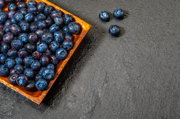 Fresh and raw blueberries. On black background with texture and streaks. Space to insert your text.