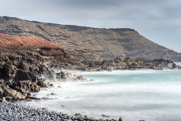 Landscape of volcanic coast of  Lanzarote, Spain