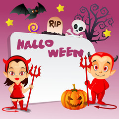 happy halloween trick or treat with little couple devil
