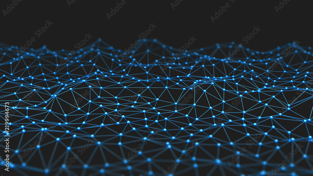 Poster digital data and network connection triangle lines and spheres in technology concept on black backgr