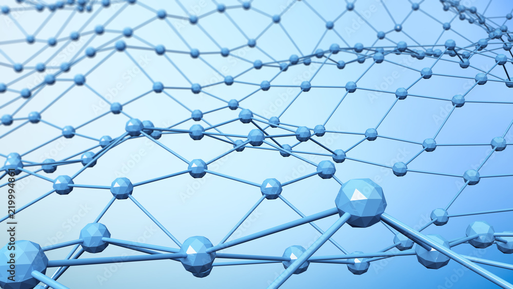Poster digital data and network connection triangle lines and spheres in technology concept on blue backgro