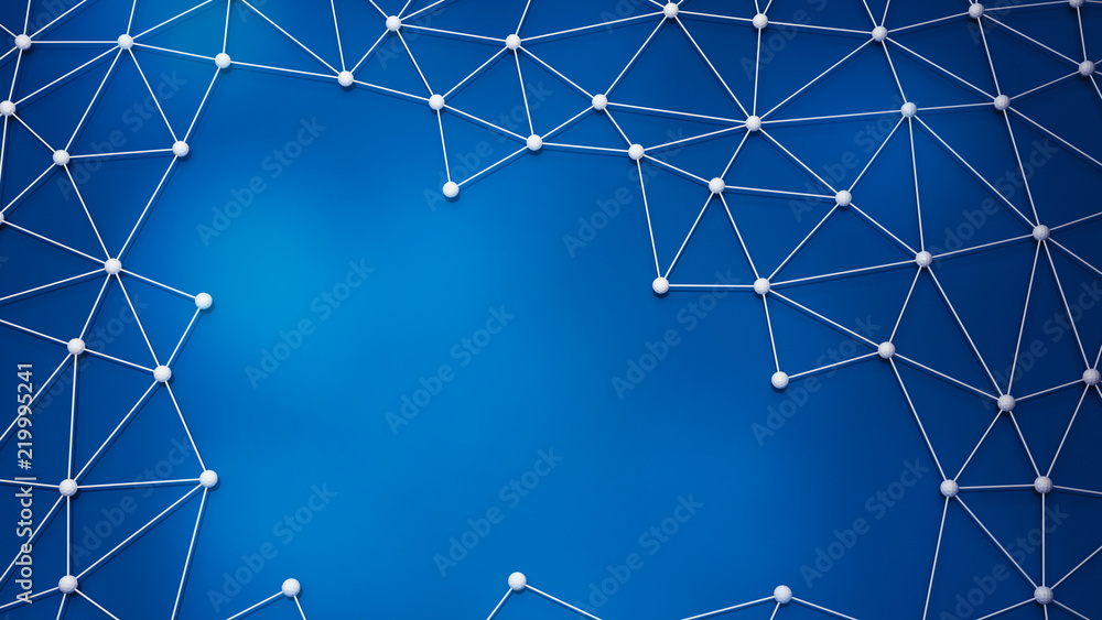 Poster digital data and network connection triangle lines and spheres in technology concept on blue backgro