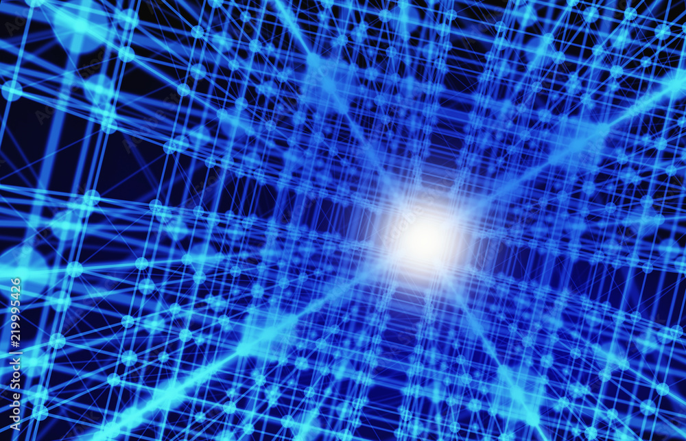 Aufkleber digital data and network connection triangle lines and spheres in technology concept on blue backgro