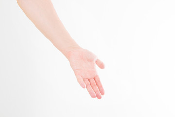 Open man hand, palm up isolated on white background. Front view. Mock up. Copy space. Template. Blank.