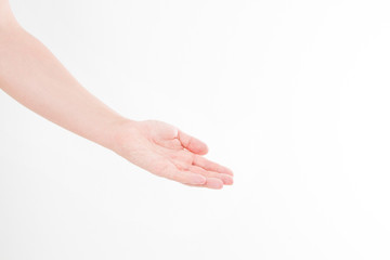 Open man hand hold something, isolated on white, man's palm making gesture while showing small amount of something on white isolated background, side view, close-up, cutout, copy space,