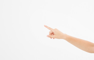 finger point isolated white background. caucasian hand. Mock up. Copy space. Template. Blank.