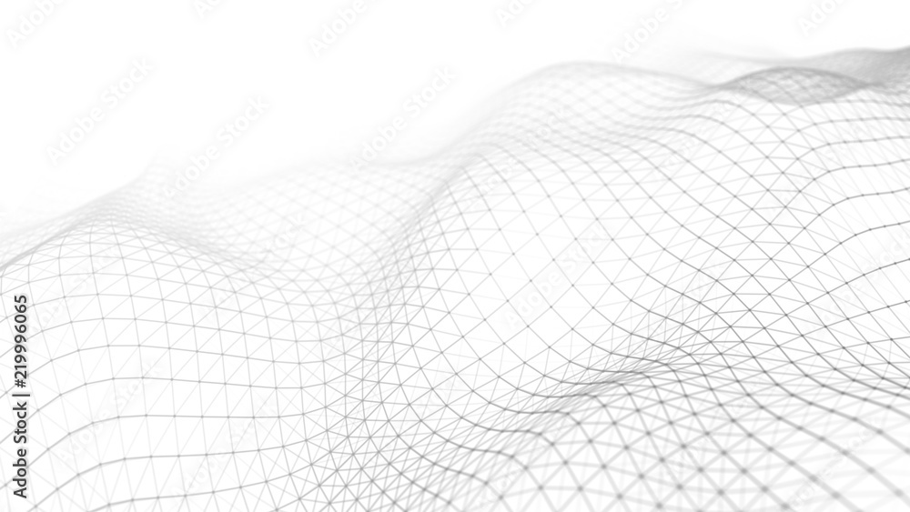 Leinwandbilder Wave white background. Abstract white futuristic background. Wave with connecting dots and lines on dark background. Wave of particles. 3D rendering.