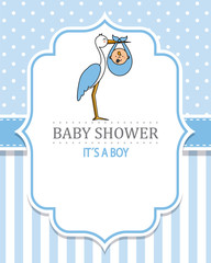 baby shower boy. Stork with a baby . space for text