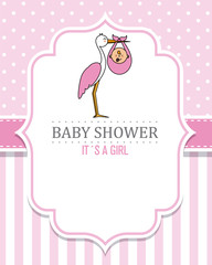 baby shower girl. Stork with a baby . space for text