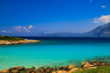 Fototapeta na wymiar The picturesque Cleopatra beach in the Aegean Sea in Turkey, near Bodrum and Marmaris - a beautiful place for excursions, travel, vacation and recreation