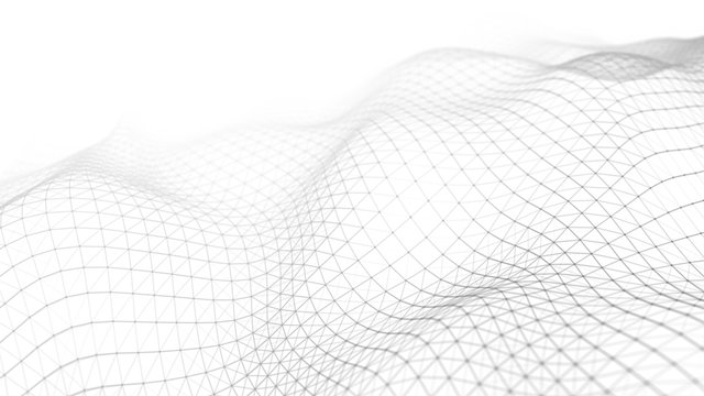 Wave white background. Abstract white futuristic background. Wave with connecting dots and lines on dark background. Wave of particles. 3D rendering.